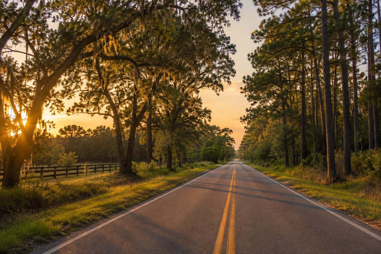 A Liberty County, Georgia country road at golden hour, illustrative