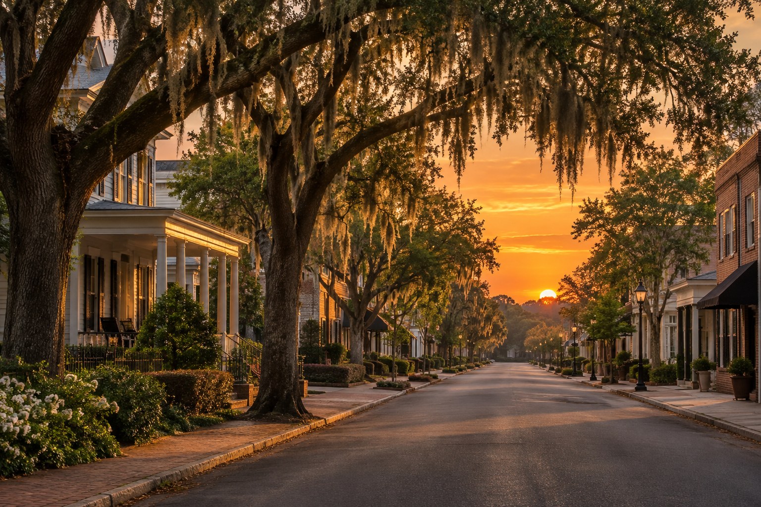 A Liberty County, Georgia street at sunset, illustrative